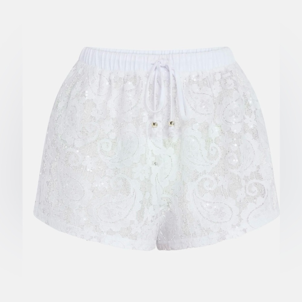 NWT No Boundaries White Lace Sequin Swim Cover-Up Shorts XL 16-18 Beach Vacation